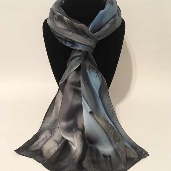Handmade Accessories - Hand Painted Silk Scarf Light Blue Charcoal Silver